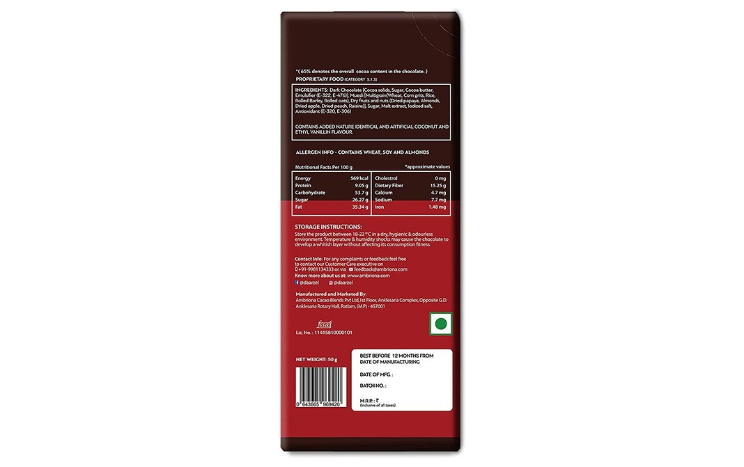 Daarzel Muesli With Intense Dark Chocolate   Box  50 grams